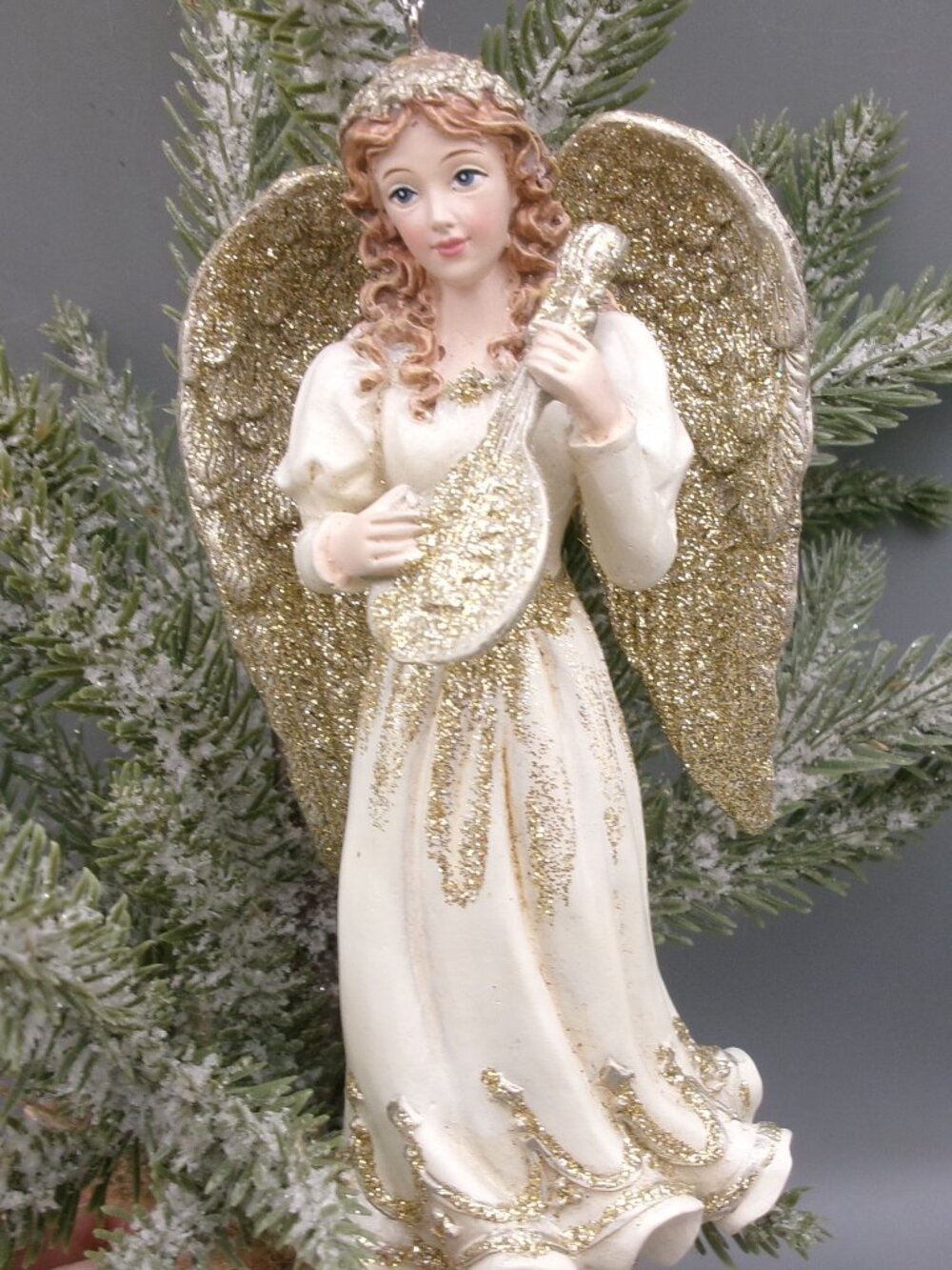 Kurt Adler Platinum Angel Christmas Ornament w/Instrument, Gold Glitter Accents